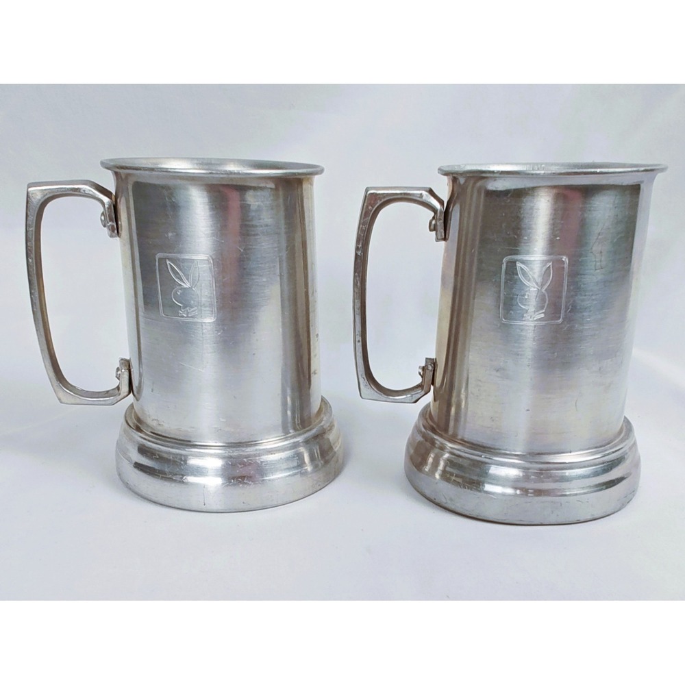 Playboy Aluminum Beer Stein Mugs Vintage Bunny Logo Set of 2 Silver Tankards